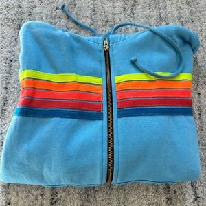 Aviator Nation Blue Hoodie with Rainbow Stripes